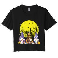 Three Gnomes Happy Halloween Fall Candy Corn Pumpkin Gnome Women's Crop Top Tee