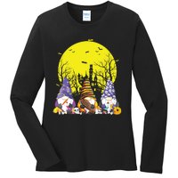 Three Gnomes Happy Halloween Fall Candy Corn Pumpkin Gnome Ladies Long Sleeve Shirt