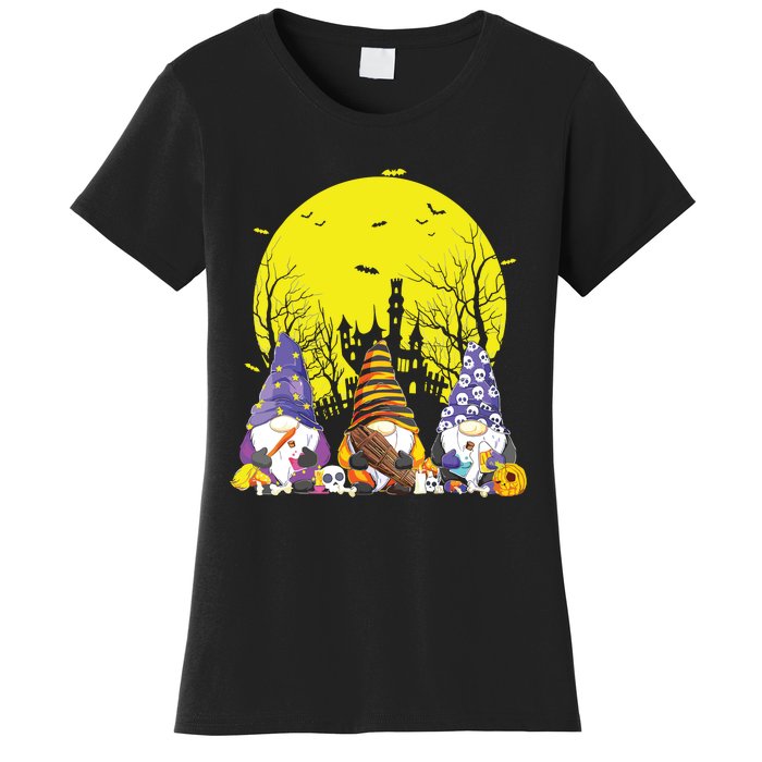 Three Gnomes Happy Halloween Fall Candy Corn Pumpkin Gnome Women's T-Shirt