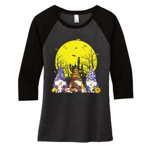 Three Gnomes Happy Halloween Fall Candy Corn Pumpkin Gnome Women's Tri-Blend 3/4-Sleeve Raglan Shirt