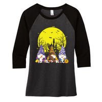 Three Gnomes Happy Halloween Fall Candy Corn Pumpkin Gnome Women's Tri-Blend 3/4-Sleeve Raglan Shirt