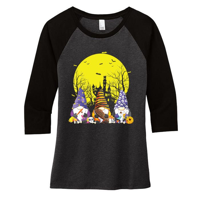 Three Gnomes Happy Halloween Fall Candy Corn Pumpkin Gnome Women's Tri-Blend 3/4-Sleeve Raglan Shirt