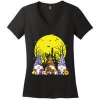 Three Gnomes Happy Halloween Fall Candy Corn Pumpkin Gnome Women's V-Neck T-Shirt