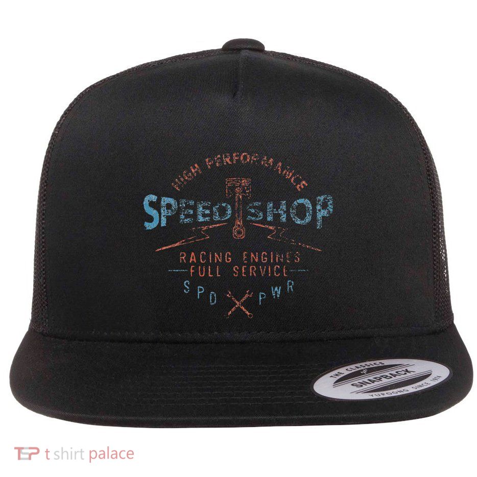 Trendy Graphic High Performance Speed Shop Flat Bill Trucker Hat