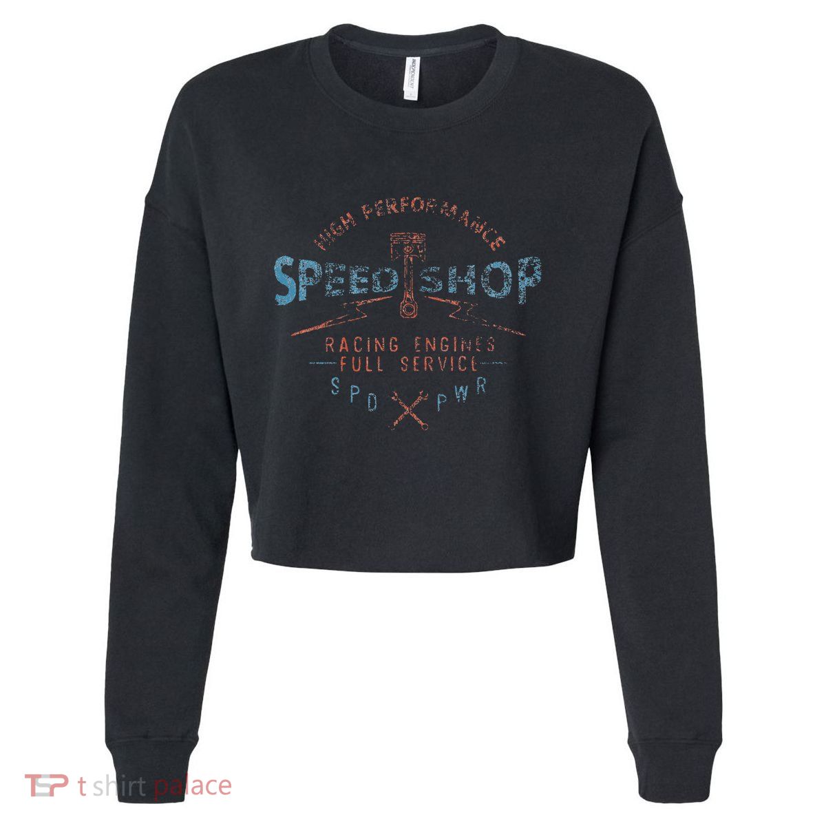Trendy Graphic High Performance Speed Shop Cropped Pullover Crew