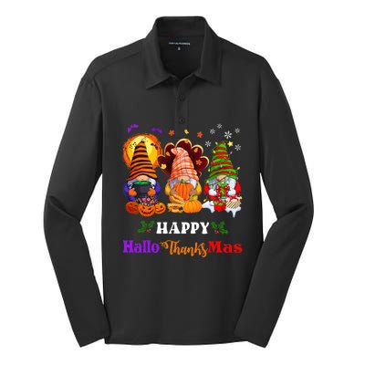 Three Gnomes Halloween Merry Christmas Happy Hallothanksmas Silk Touch Performance Long Sleeve Polo