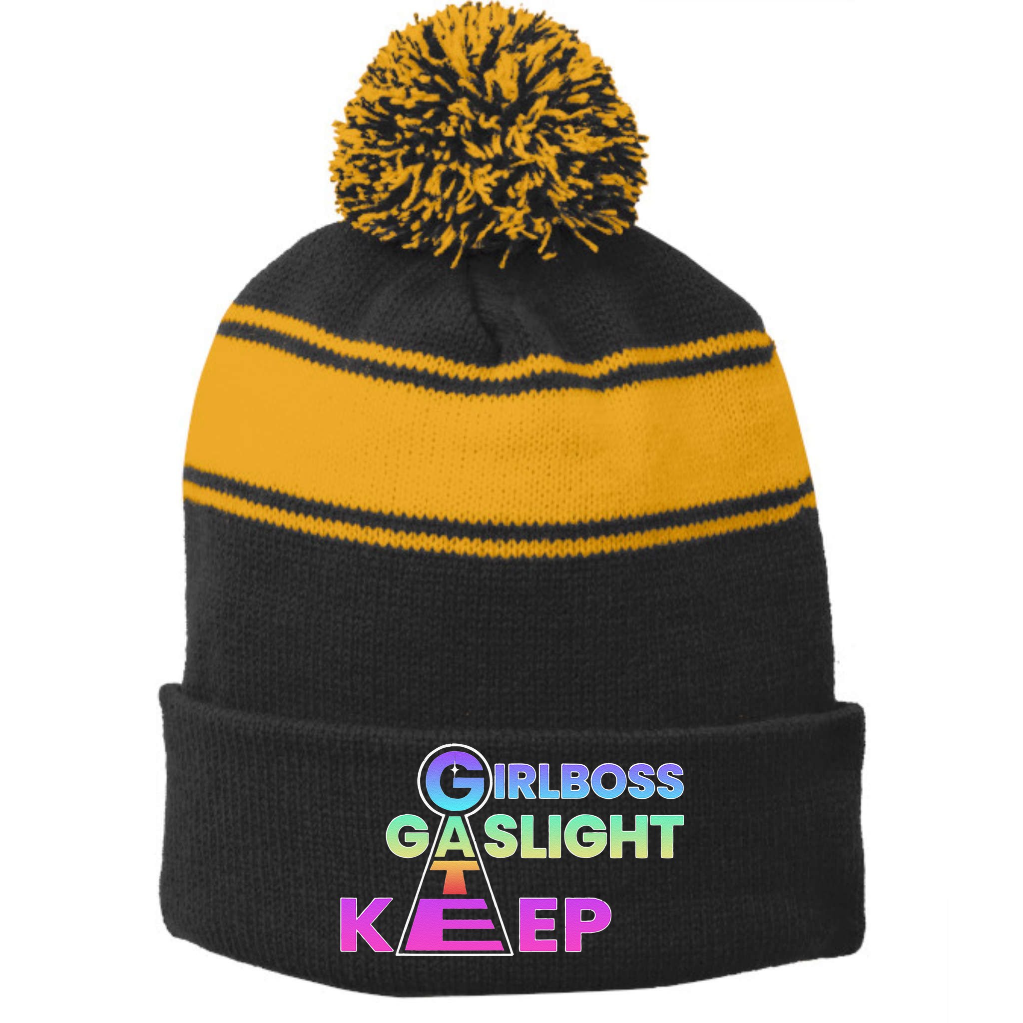 That Go Hard Girlboss Gaslight Gatekeep Trending Stripe Pom Pom Beanie