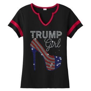 Trump Girl High Heel Faux Rhinestone Us Flag Vote Trump 2024 Ladies Halftime Notch Neck Tee