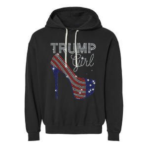 Trump Girl High Heel Faux Rhinestone Us Flag Vote Trump 2024 Garment-Dyed Fleece Hoodie