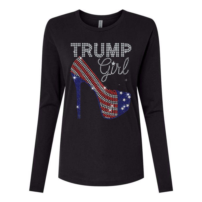 Trump Girl High Heel Faux Rhinestone Us Flag Vote Trump 2024 Womens Cotton Relaxed Long Sleeve T-Shirt