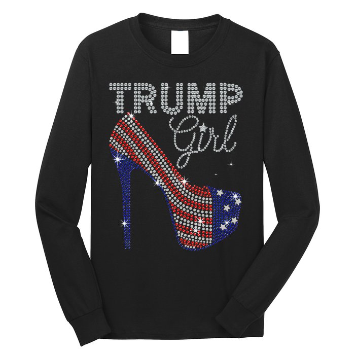 Trump Girl High Heel Faux Rhinestone Us Flag Vote Trump 2024 Long Sleeve Shirt