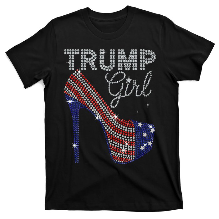 Trump Girl High Heel Faux Rhinestone Us Flag Vote Trump 2024 T-Shirt