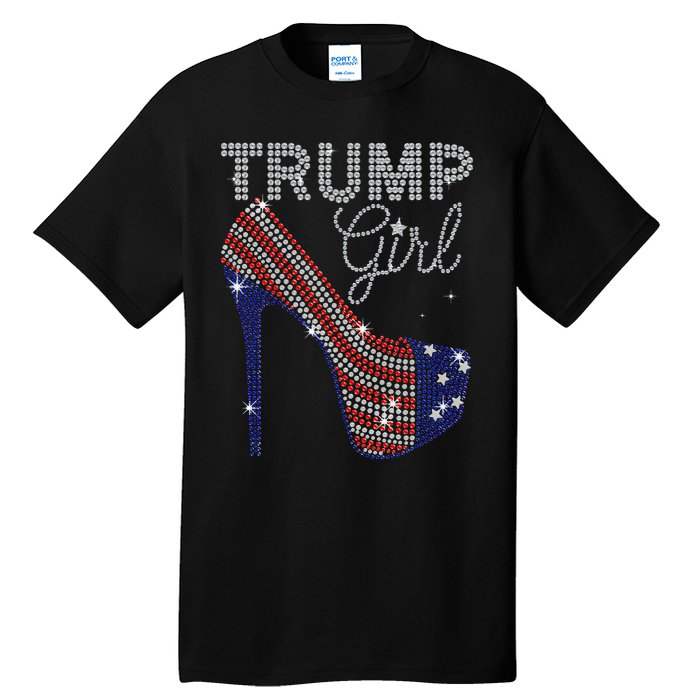 Trump Girl High Heel Faux Rhinestone Us Flag Vote Trump 2024 Tall T-Shirt