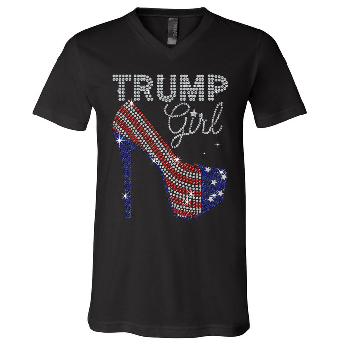 Trump Girl High Heel Faux Rhinestone Us Flag Vote Trump 2024 V-Neck T-Shirt