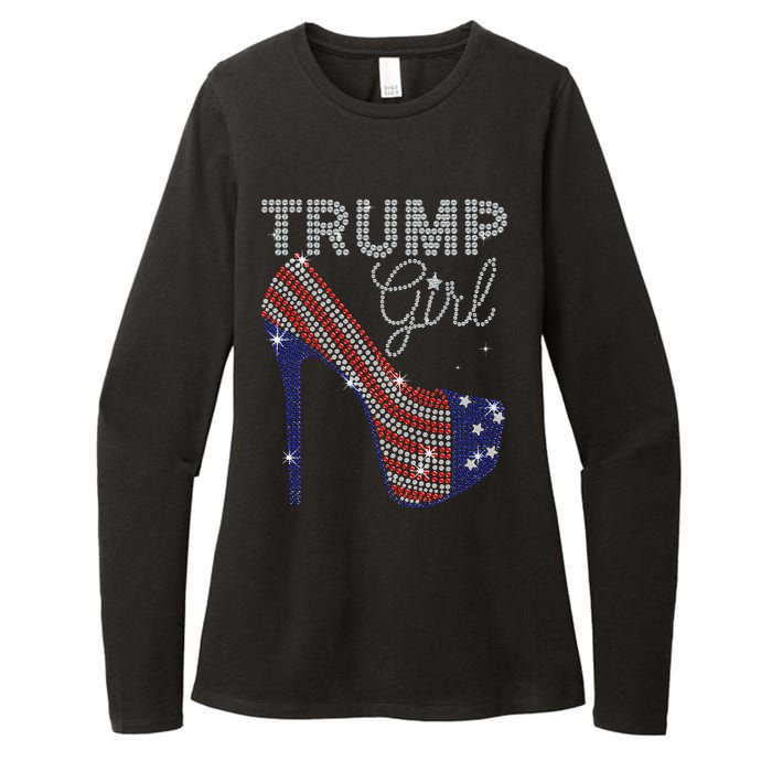 Trump Girl High Heel Faux Rhinestone Us Flag Vote Trump 2024 Womens CVC Long Sleeve Shirt