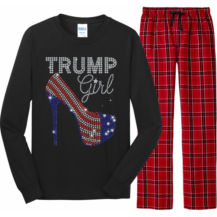 Trump Girl High Heel Faux Rhinestone Us Flag Vote Trump 2024 Long Sleeve Pajama Set