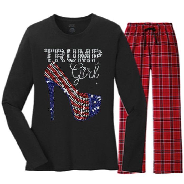 Trump Girl High Heel Faux Rhinestone Us Flag Vote Trump 2024 Women's Long Sleeve Flannel Pajama Set 