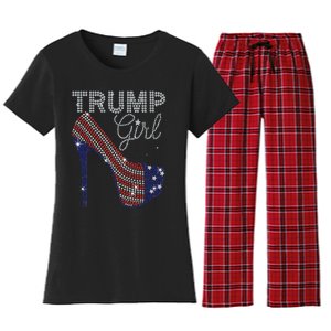 Trump Girl High Heel Faux Rhinestone Us Flag Vote Trump 2024 Women's Flannel Pajama Set