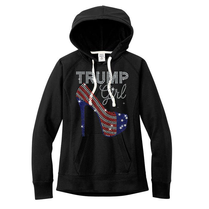 Trump Girl High Heel Faux Rhinestone Us Flag Vote Trump 2024 Women's Fleece Hoodie