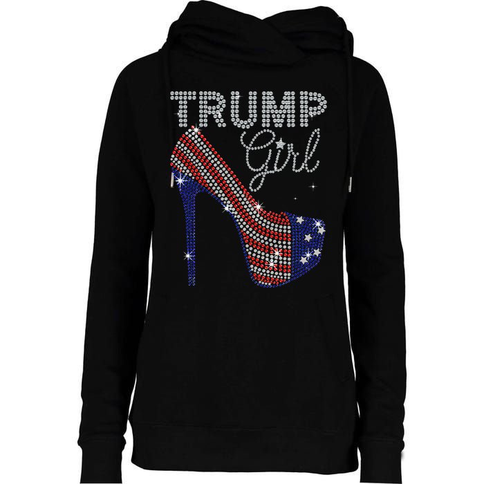 Trump Girl High Heel Faux Rhinestone Us Flag Vote Trump 2024 Womens Funnel Neck Pullover Hood