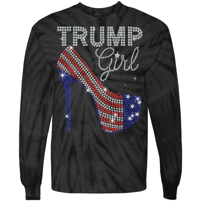 Trump Girl High Heel Faux Rhinestone Us Flag Vote Trump 2024 Tie-Dye Long Sleeve Shirt