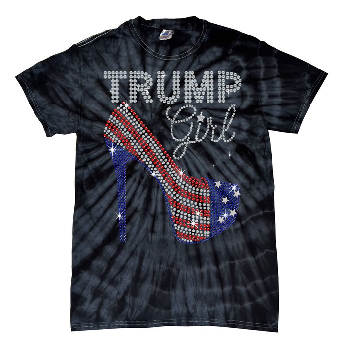 Trump Girl High Heel Faux Rhinestone Us Flag Vote Trump 2024 Tie-Dye T-Shirt