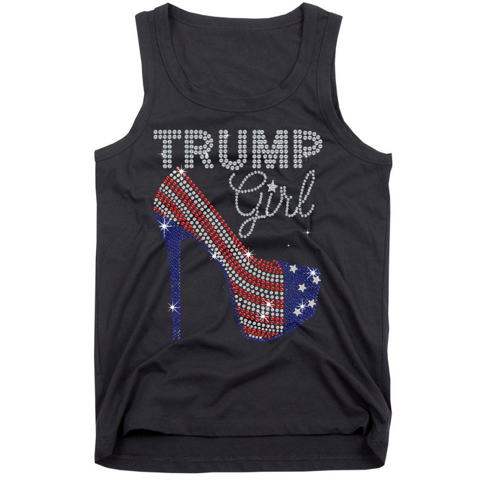 Trump Girl High Heel Faux Rhinestone Us Flag Vote Trump 2024 Tank Top