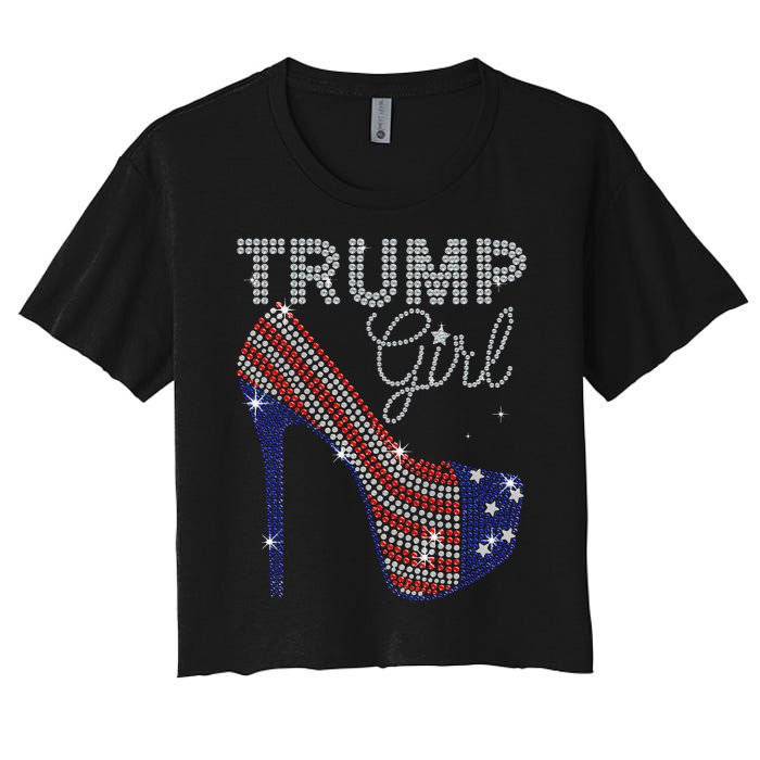 Trump Girl High Heel Faux Rhinestone Us Flag Vote Trump 2024 Women's Crop Top Tee