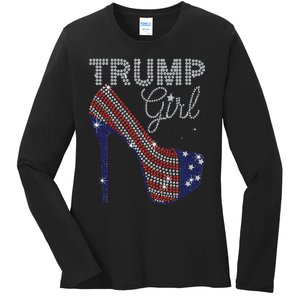 Trump Girl High Heel Faux Rhinestone Us Flag Vote Trump 2024 Ladies Long Sleeve Shirt