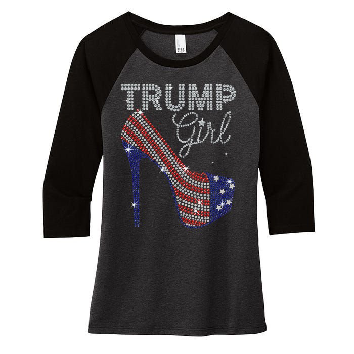 Trump Girl High Heel Faux Rhinestone Us Flag Vote Trump 2024 Women's Tri-Blend 3/4-Sleeve Raglan Shirt