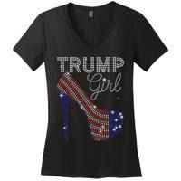 Trump Girl High Heel Faux Rhinestone Us Flag Vote Trump 2024 Women's V-Neck T-Shirt