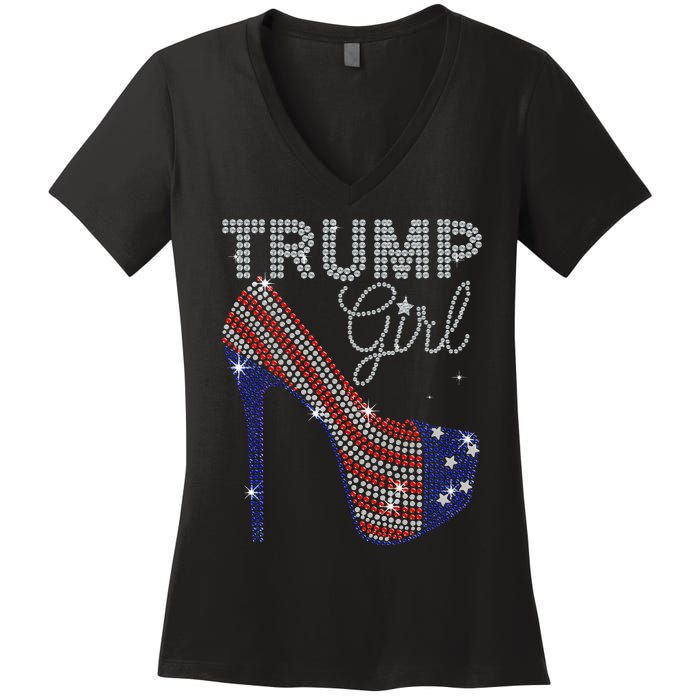 Trump Girl High Heel Faux Rhinestone Us Flag Vote Trump 2024 Women's V-Neck T-Shirt