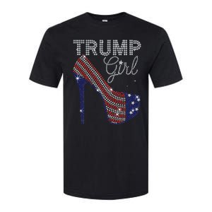 Trump Girl High Heel Faux Rhinestone Us Flag Vote Trump 2024 Softstyle CVC T-Shirt