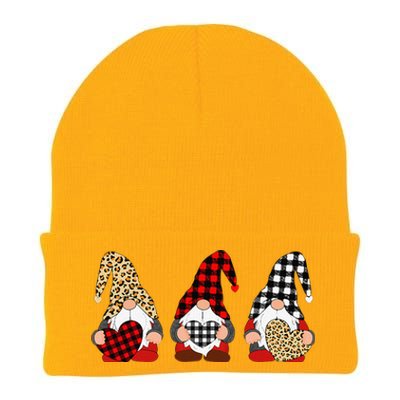 Three Gnomes Holding Leopard Heart & Plaid Valentine's Day Knit Cap Winter Beanie