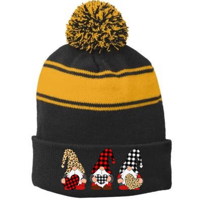 Three Gnomes Holding Leopard Heart & Plaid Valentine's Day Stripe Pom Pom Beanie