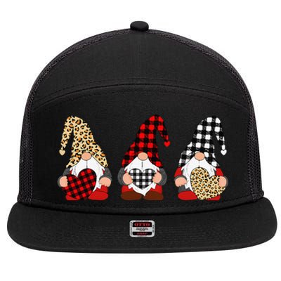 Three Gnomes Holding Leopard Heart & Plaid Valentine's Day 7 Panel Mesh Trucker Snapback Hat