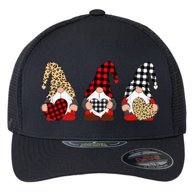 Three Gnomes Holding Leopard Heart & Plaid Valentine's Day Flexfit Unipanel Trucker Cap