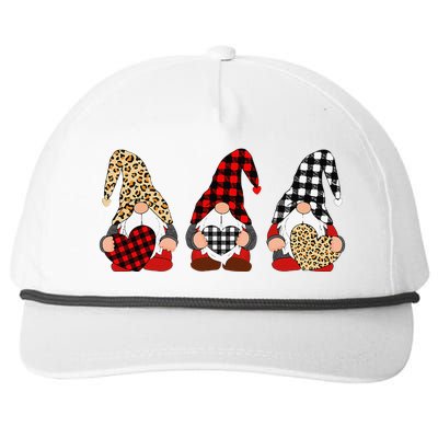 Three Gnomes Holding Leopard Heart & Plaid Valentine's Day Snapback Five-Panel Rope Hat