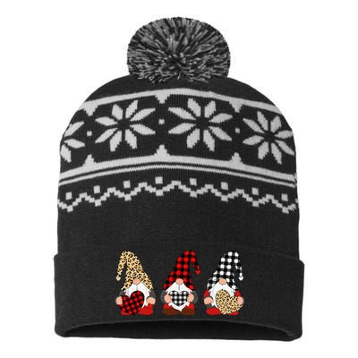 Three Gnomes Holding Leopard Heart & Plaid Valentine's Day USA-Made Snowflake Beanie