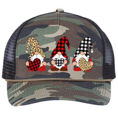 Three Gnomes Holding Leopard Heart & Plaid Valentine's Day Retro Rope Trucker Hat Cap