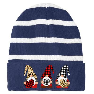 Three Gnomes Holding Leopard Heart & Plaid Valentine's Day Striped Beanie with Solid Band