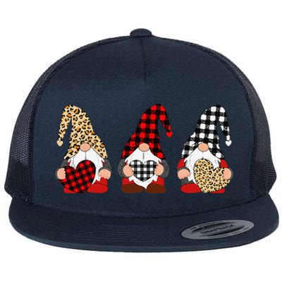 Three Gnomes Holding Leopard Heart & Plaid Valentine's Day Flat Bill Trucker Hat