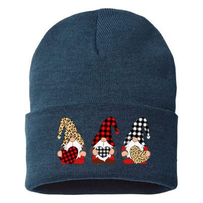 Three Gnomes Holding Leopard Heart & Plaid Valentine's Day Sustainable Knit Beanie