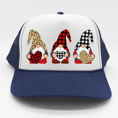 Three Gnomes Holding Leopard Heart & Plaid Valentine's Day Trucker Hat