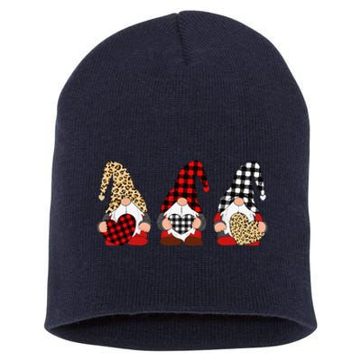 Three Gnomes Holding Leopard Heart & Plaid Valentine's Day Short Acrylic Beanie