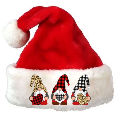 Three Gnomes Holding Leopard Heart & Plaid Valentine's Day Premium Christmas Santa Hat