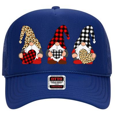 Three Gnomes Holding Leopard Heart & Plaid Valentine's Day High Crown Mesh Back Trucker Hat