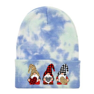 Three Gnomes Holding Leopard Heart & Plaid Valentine's Day Tie Dye 12in Knit Beanie