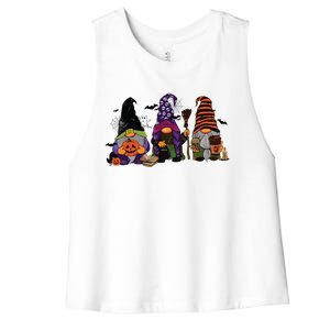 Three Gnomes Happy Halloween Fall Candy Corn Pumpkin Women's Racerback Cropped Tank