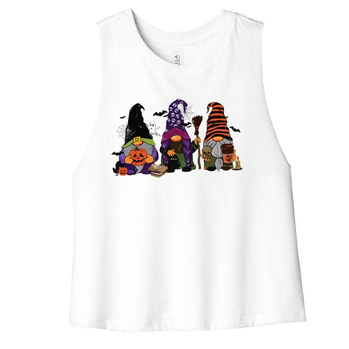 Three Gnomes Happy Halloween Fall Candy Corn Pumpkin Women's Racerback Cropped Tank